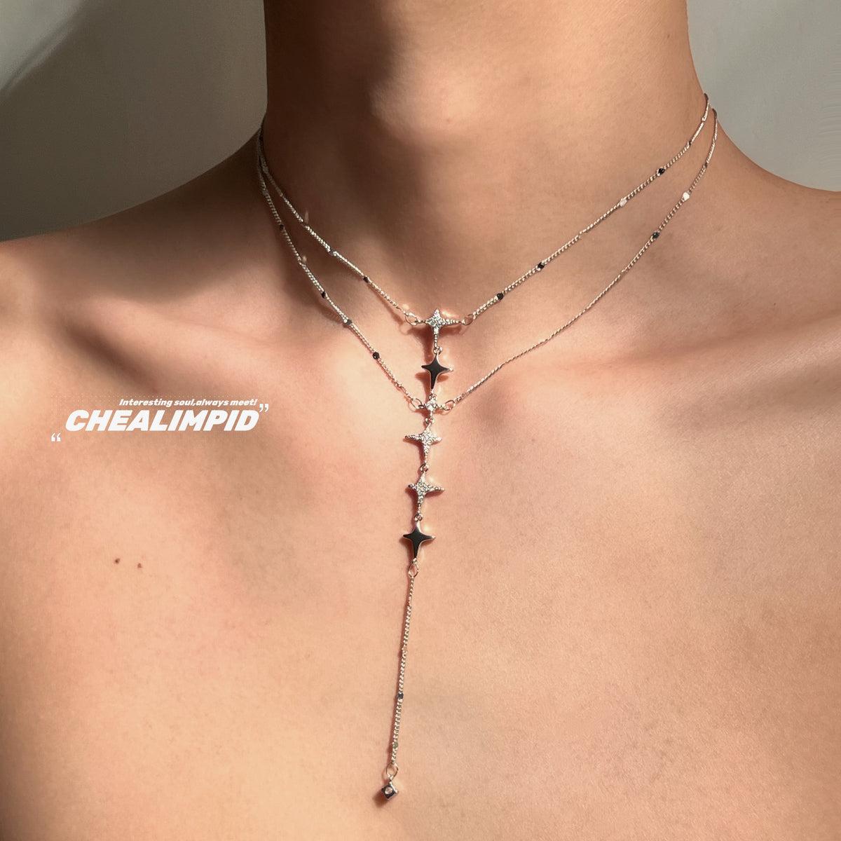 Fishbone Multi-layered Sparkling Star Necklace