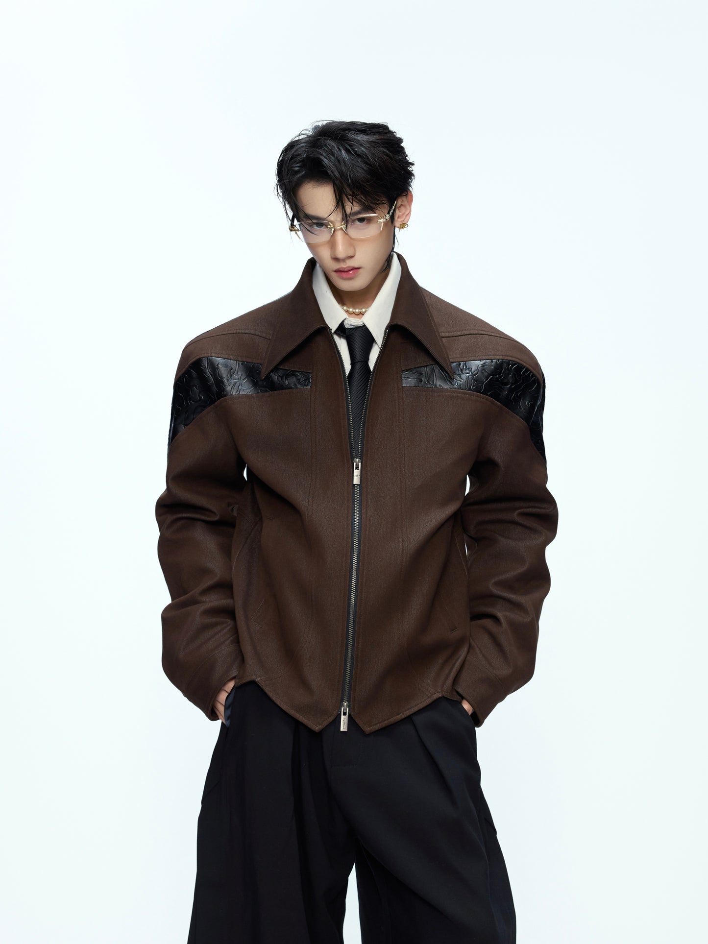 【25s Oct.】Glossy Paneled Deconstructed Leather Jacket