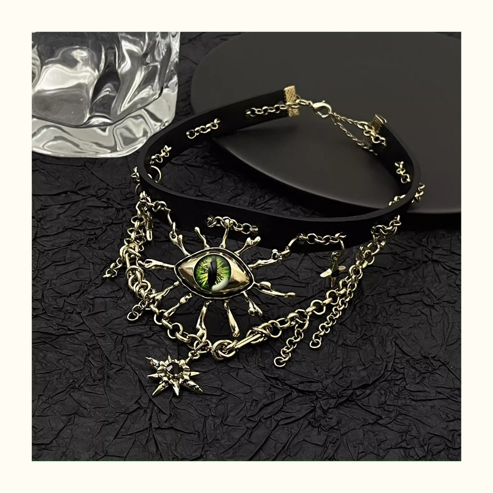 Vintage Green Evil Eye Black Leather Necklace ArtsKoreanMan