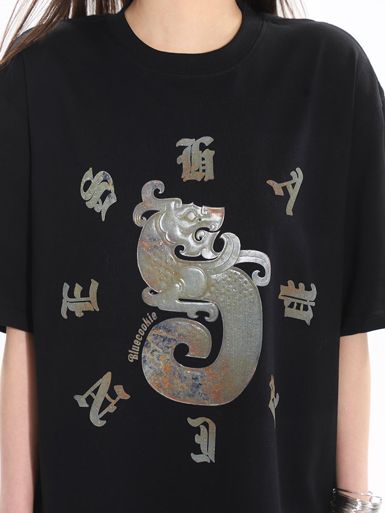 【24s March.】Retro "dragon" Print Round Neck Loose T-shirt