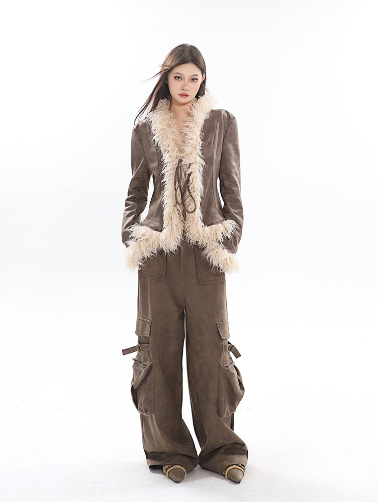 【23s October.】Suede Retro Long-sleeved Patchwork Fur Coat