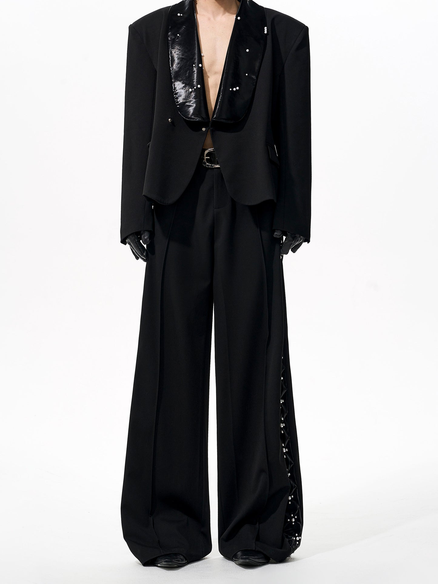 【25s Nov.】PU Leather Pearl-trimmed Suit/ Trousers