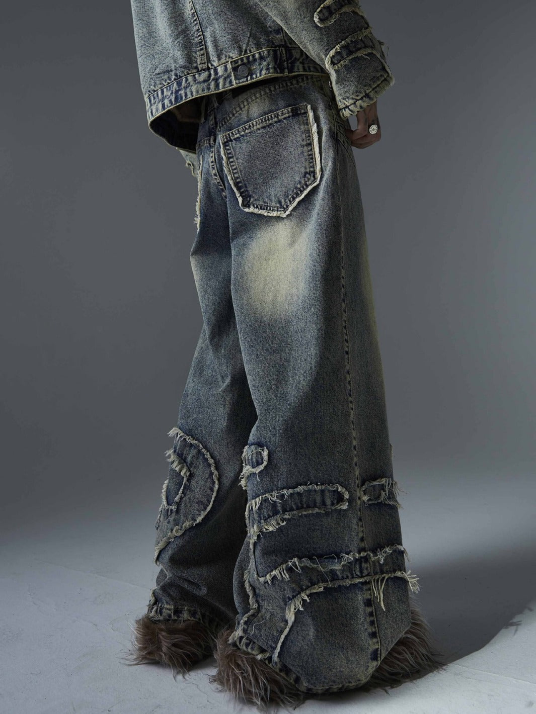 【23s December.】Washed Trendy Raw Edge Patterned Wide-leg Jeans