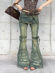 【25s May.】Washed Denim Layered Flare Lace-Up Pants