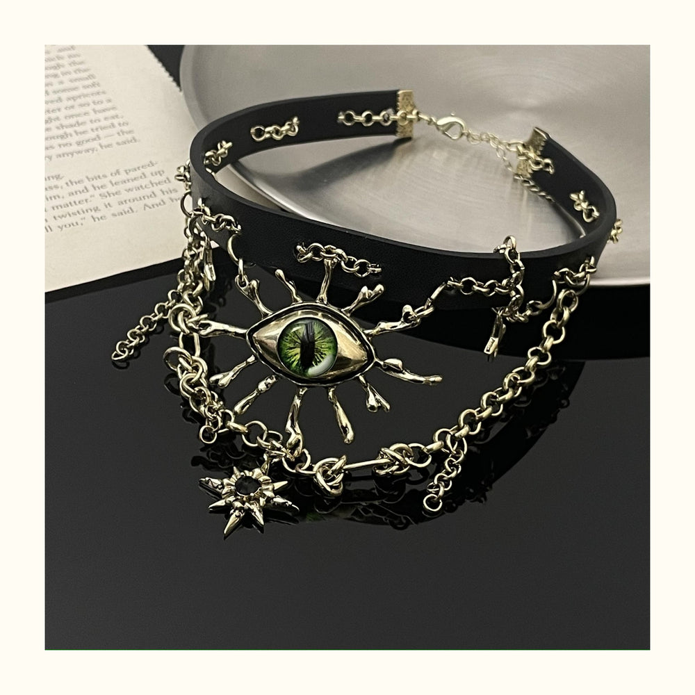 Vintage Green Evil Eye Black Leather Necklace ArtsKoreanMan