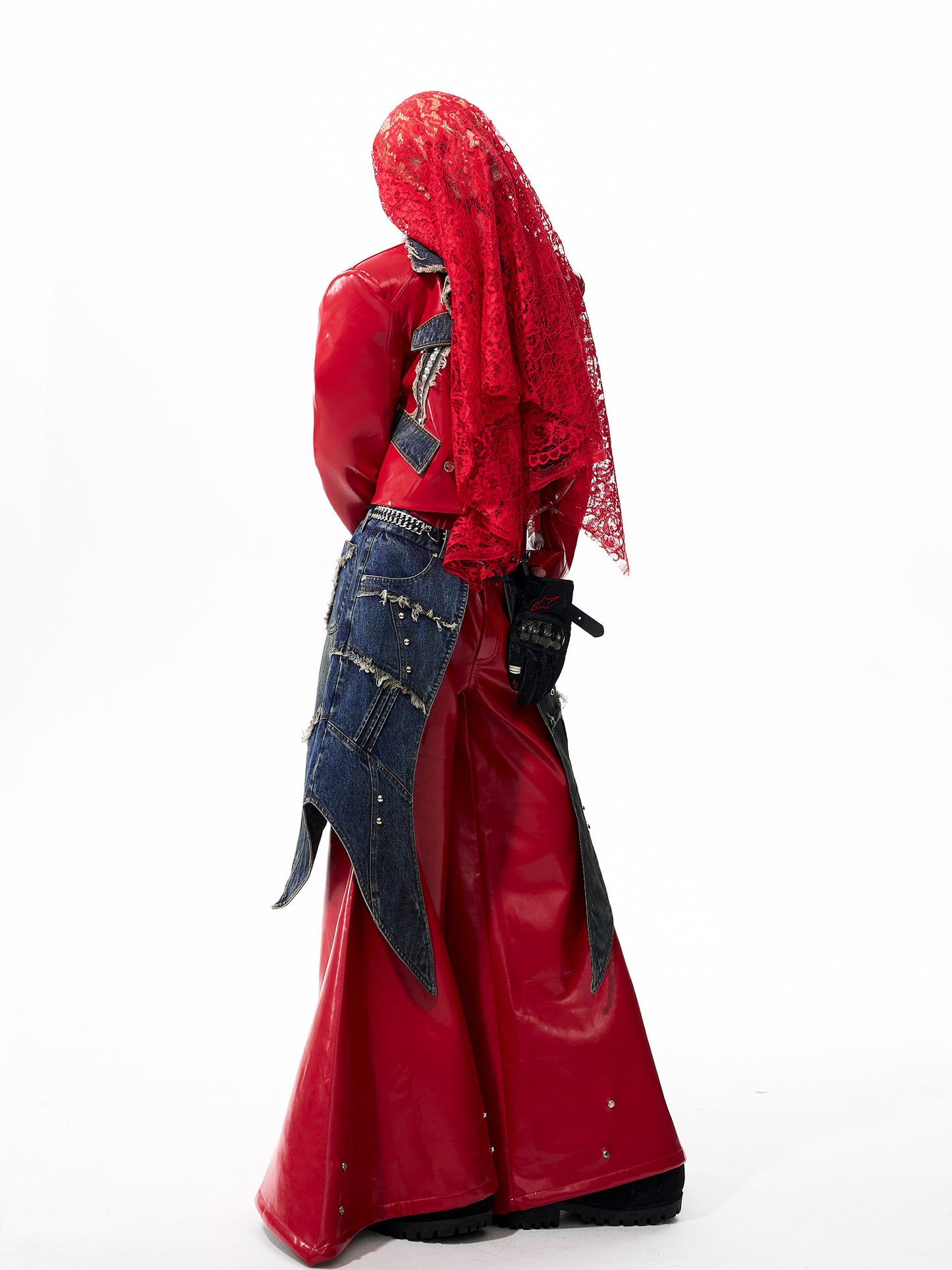 【25s Oct.】Denim Patchwork Red Leather Jacket/Double Waist Leather Pants