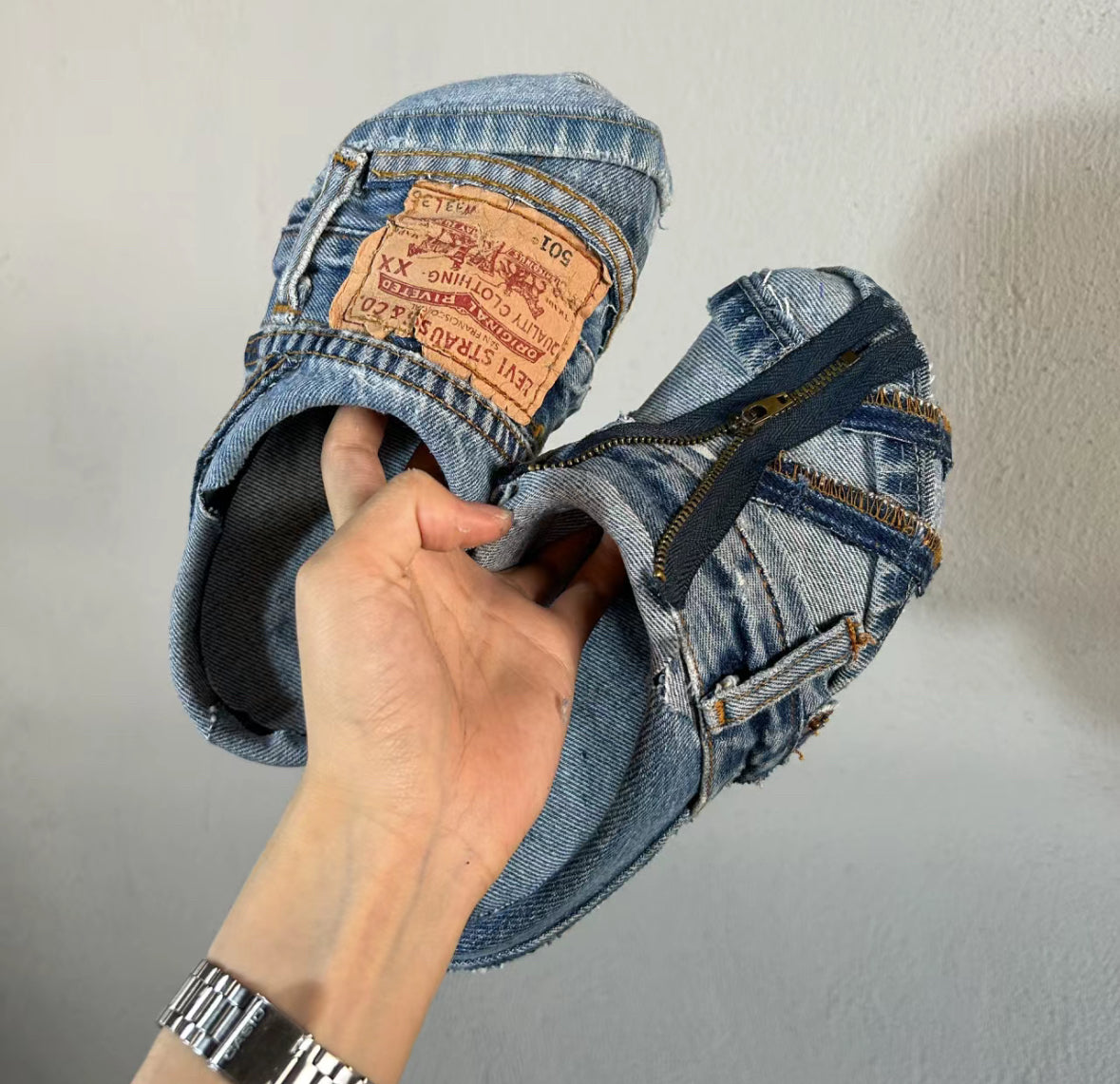 Washed Denim Patchwork Retro Vibe Slippers（Each one is unique)