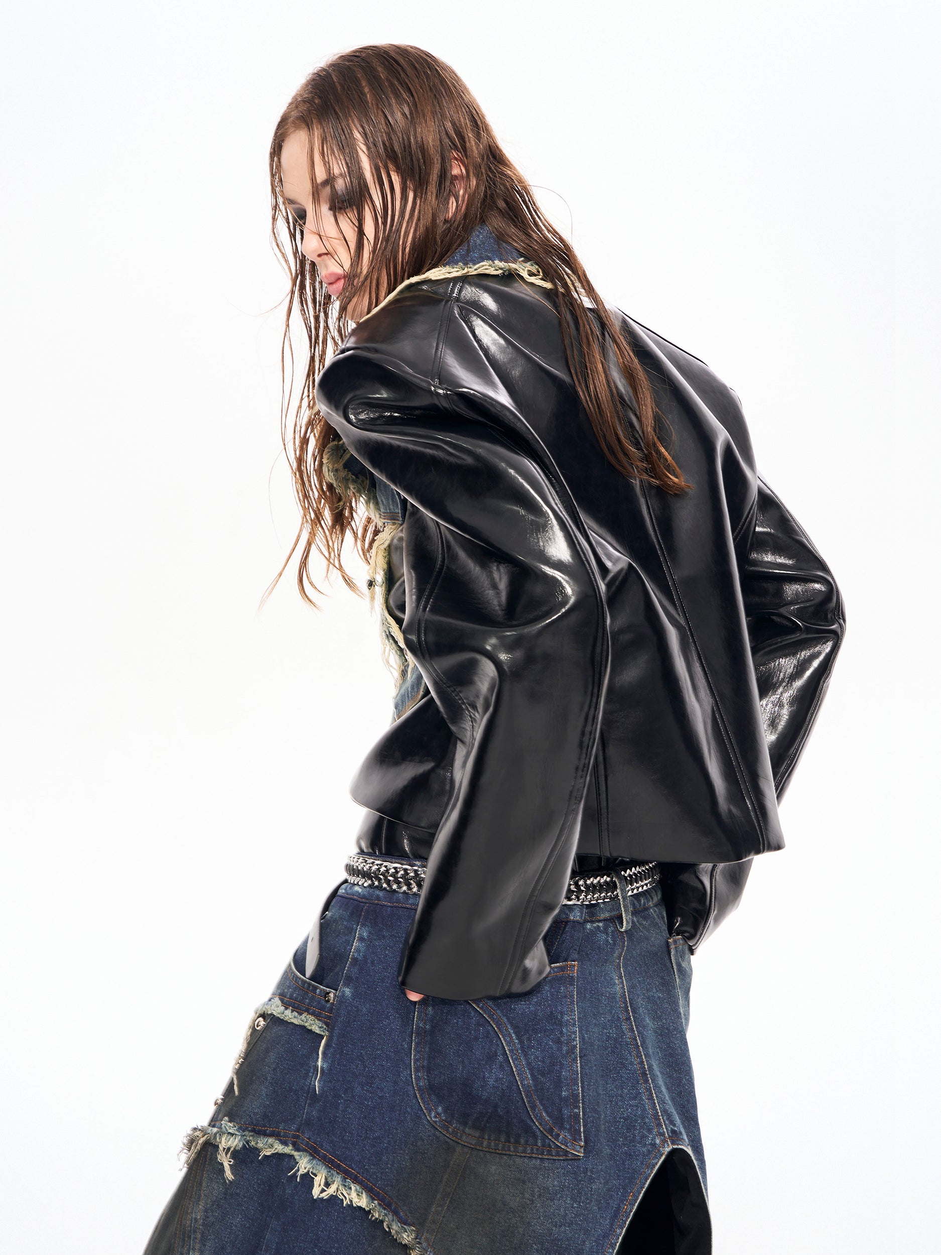 【25s Oct.】Denim Patchwork Red Leather Jacket/Double Waist Leather Pants
