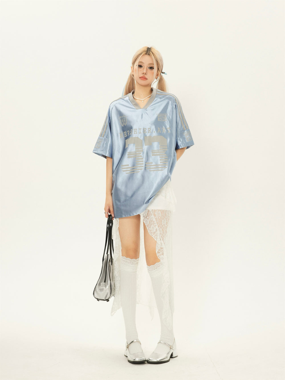 【24s July.】V-neck Vintage Satin Blue Football Jersey ArtsKoreanMan