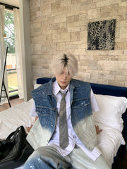【25s May.】Gradient Shiny Sleeveless Denim Jacket Vest / Jeans