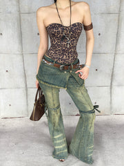 【25s May.】Washed Denim Layered Flare Lace-Up Pants