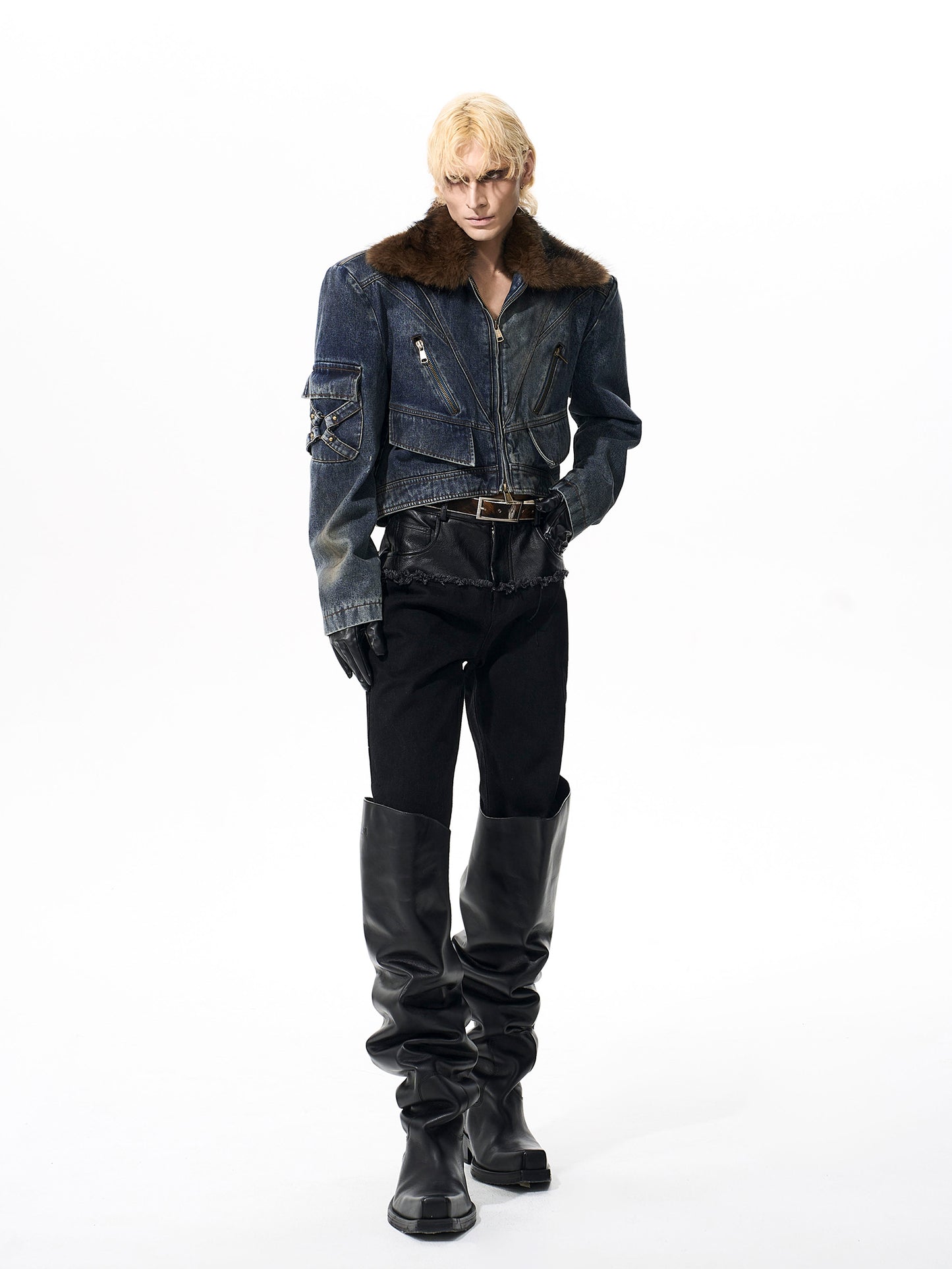 【25s Oct.】Plush Patchwork Denim Distressed Design Jacket / Jeans