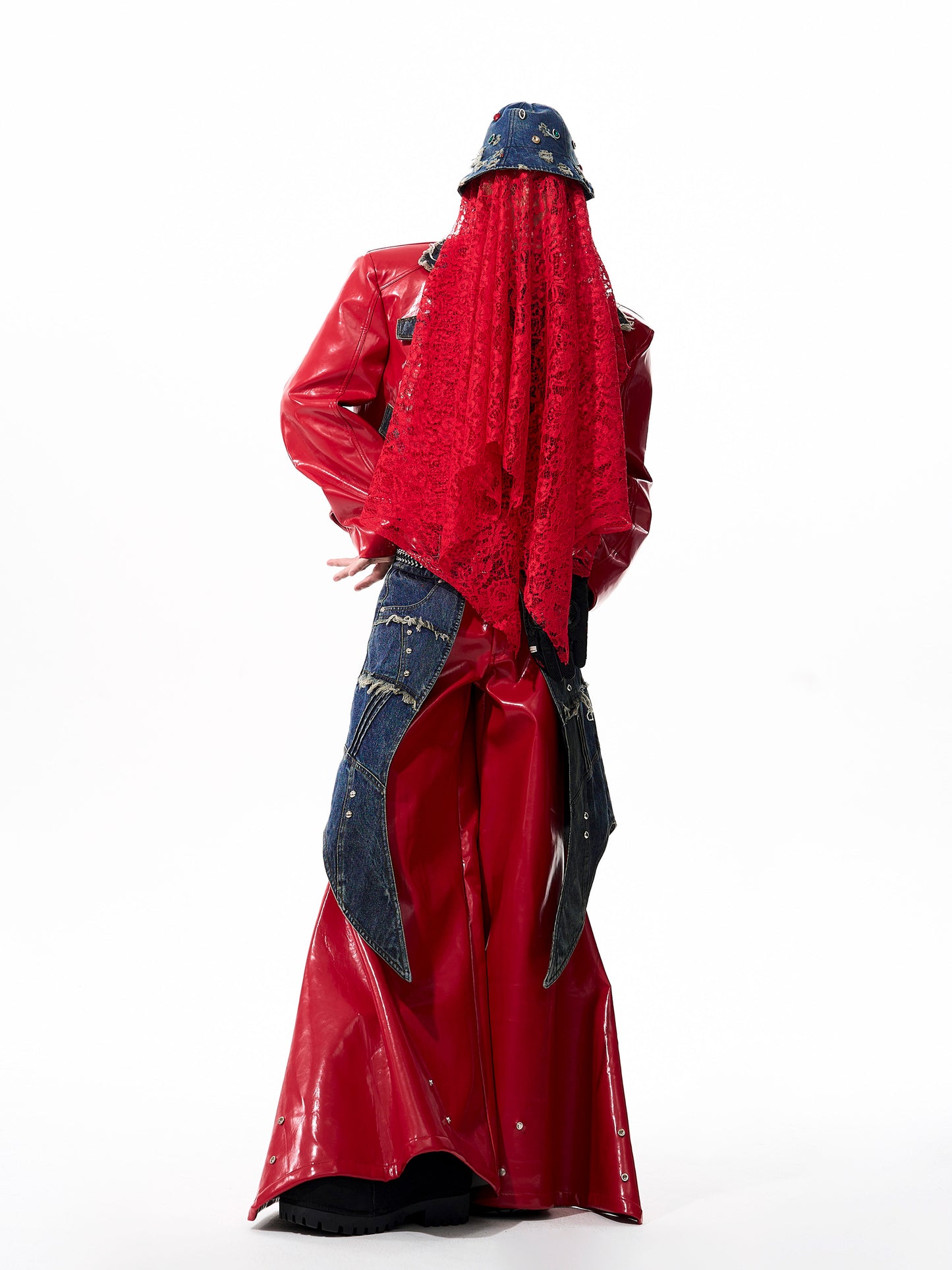 【25s Oct.】Denim Patchwork Red Leather Jacket/Double Waist Leather Pants