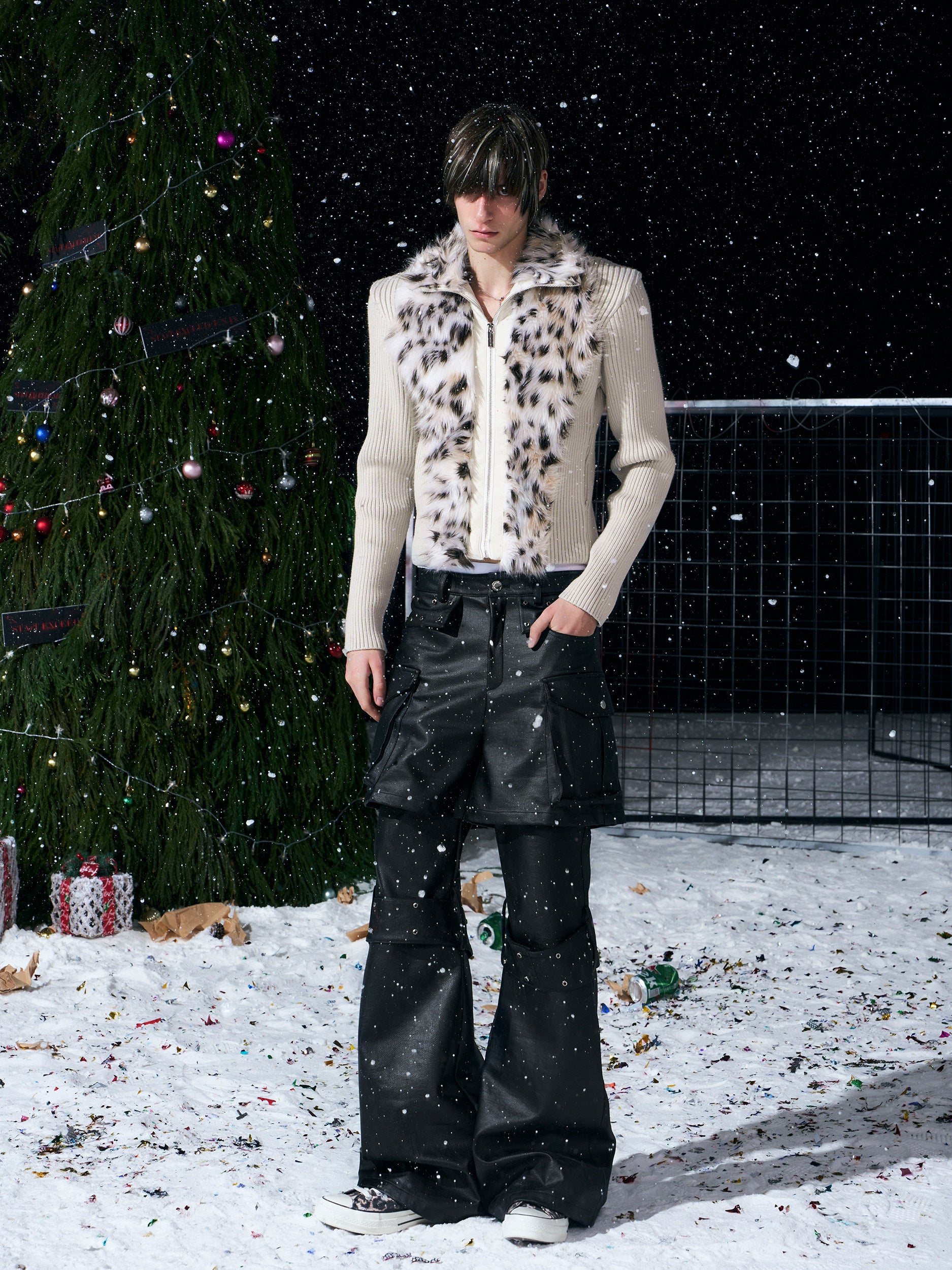 【26s Jan.】Fur-trimmed Quilted Stand-collar Knit Sweater