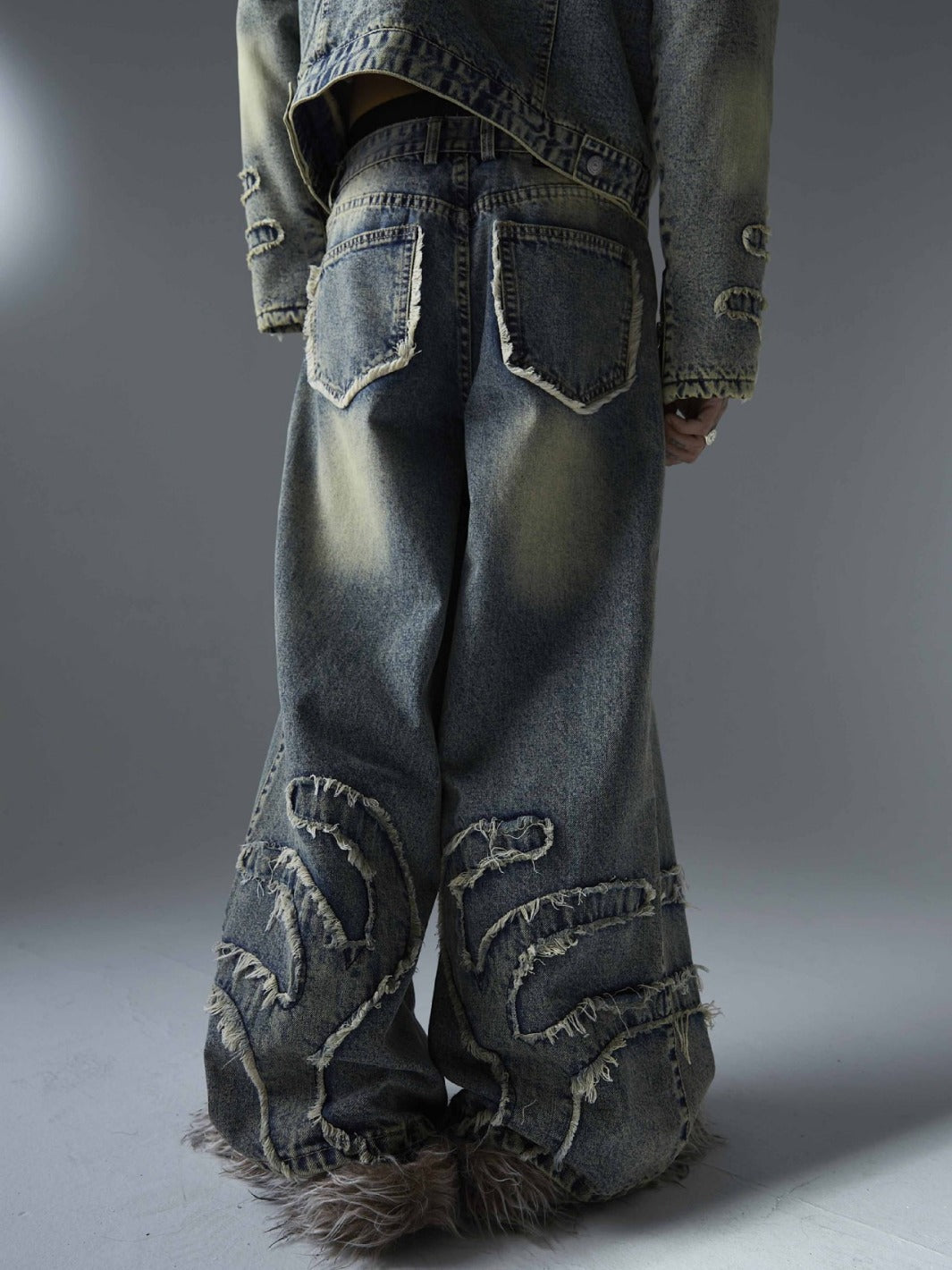 【23s December.】Washed Trendy Raw Edge Patterned Wide-leg Jeans
