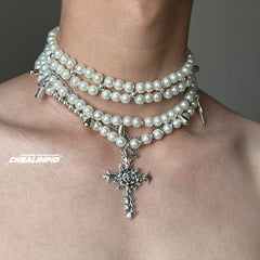 Pearl Layered Cross Necklace ArtsKoreanMan