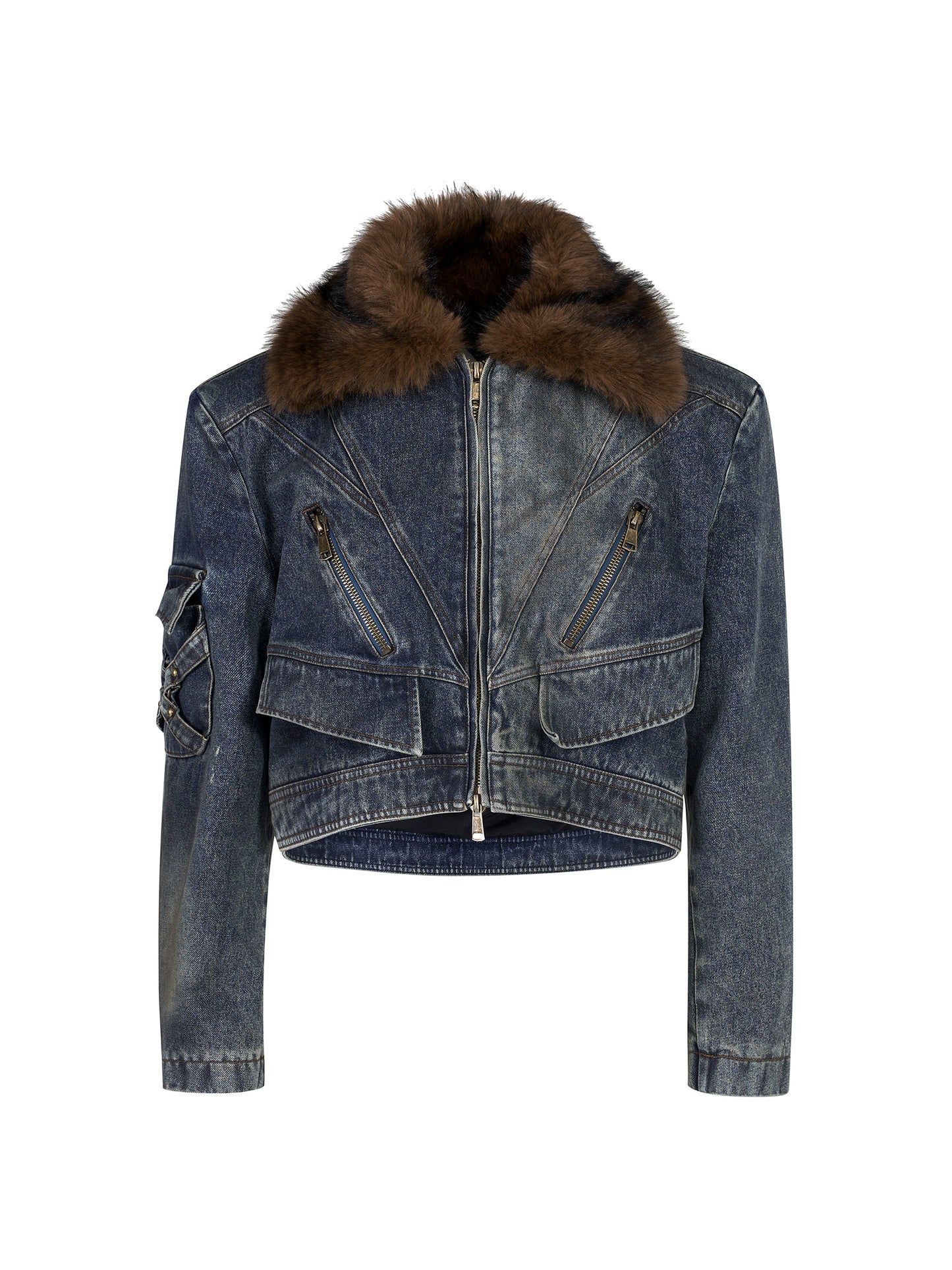 【25s Oct.】Plush Patchwork Denim Distressed Design Jacket / Jeans