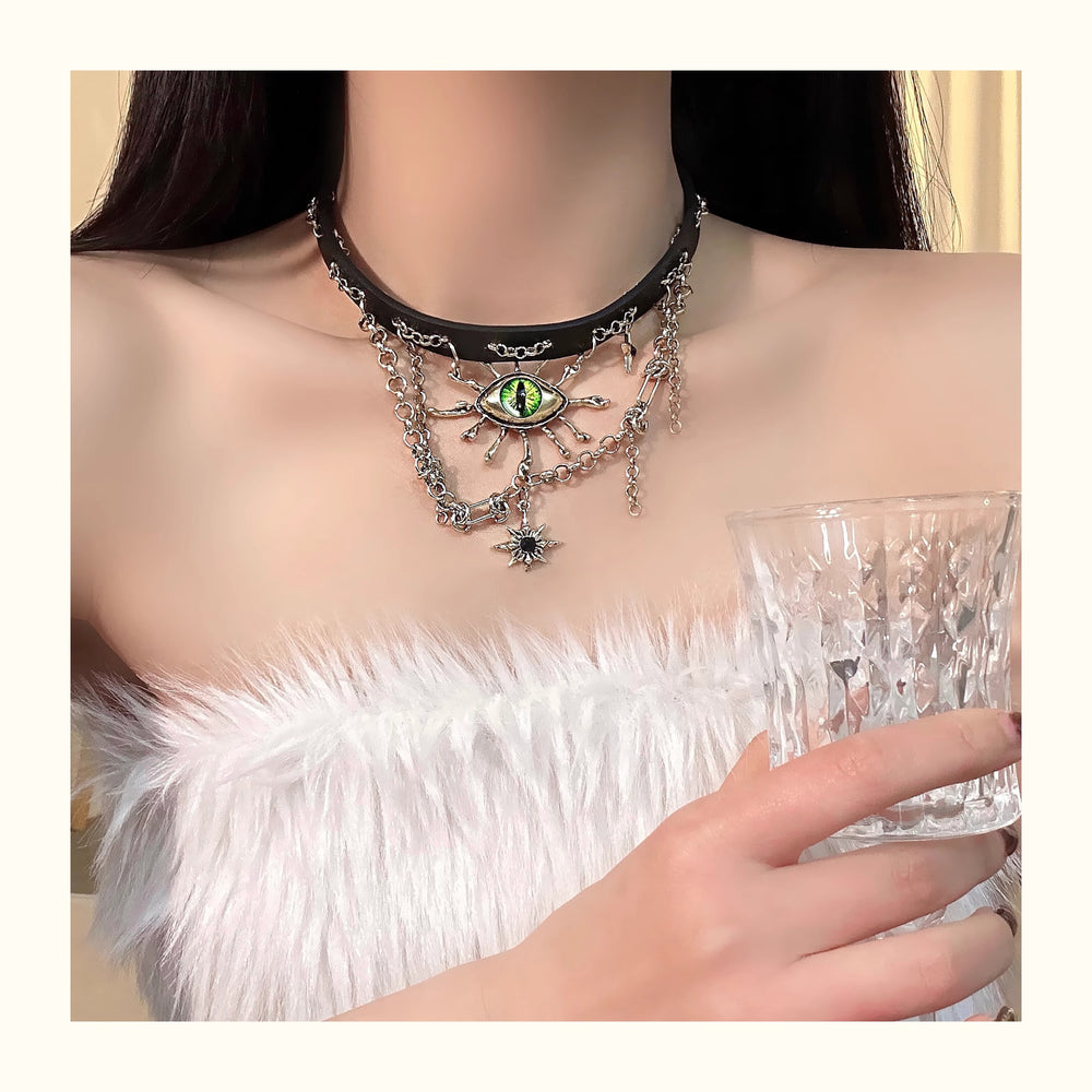 Vintage Green Evil Eye Black Leather Necklace ArtsKoreanMan