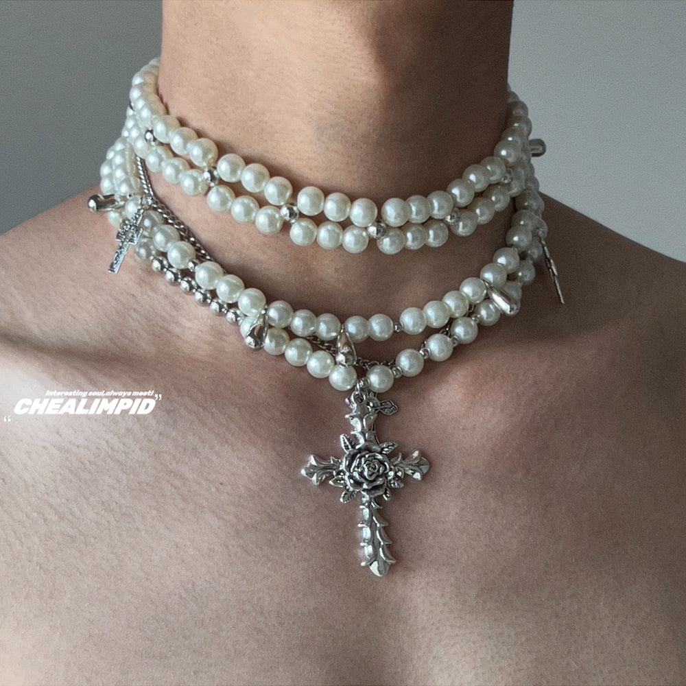 Pearl Layered Cross Necklace ArtsKoreanMan