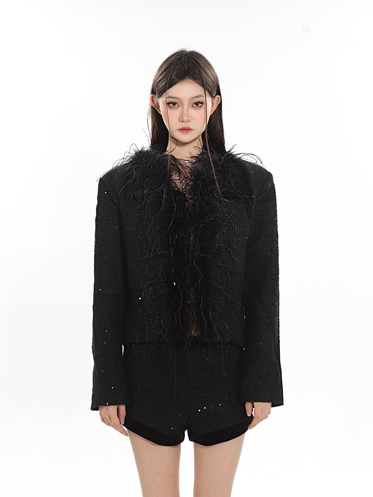 【23s December.】Gorgeous Shiny Ostrich Feather Coat + Shorts Set