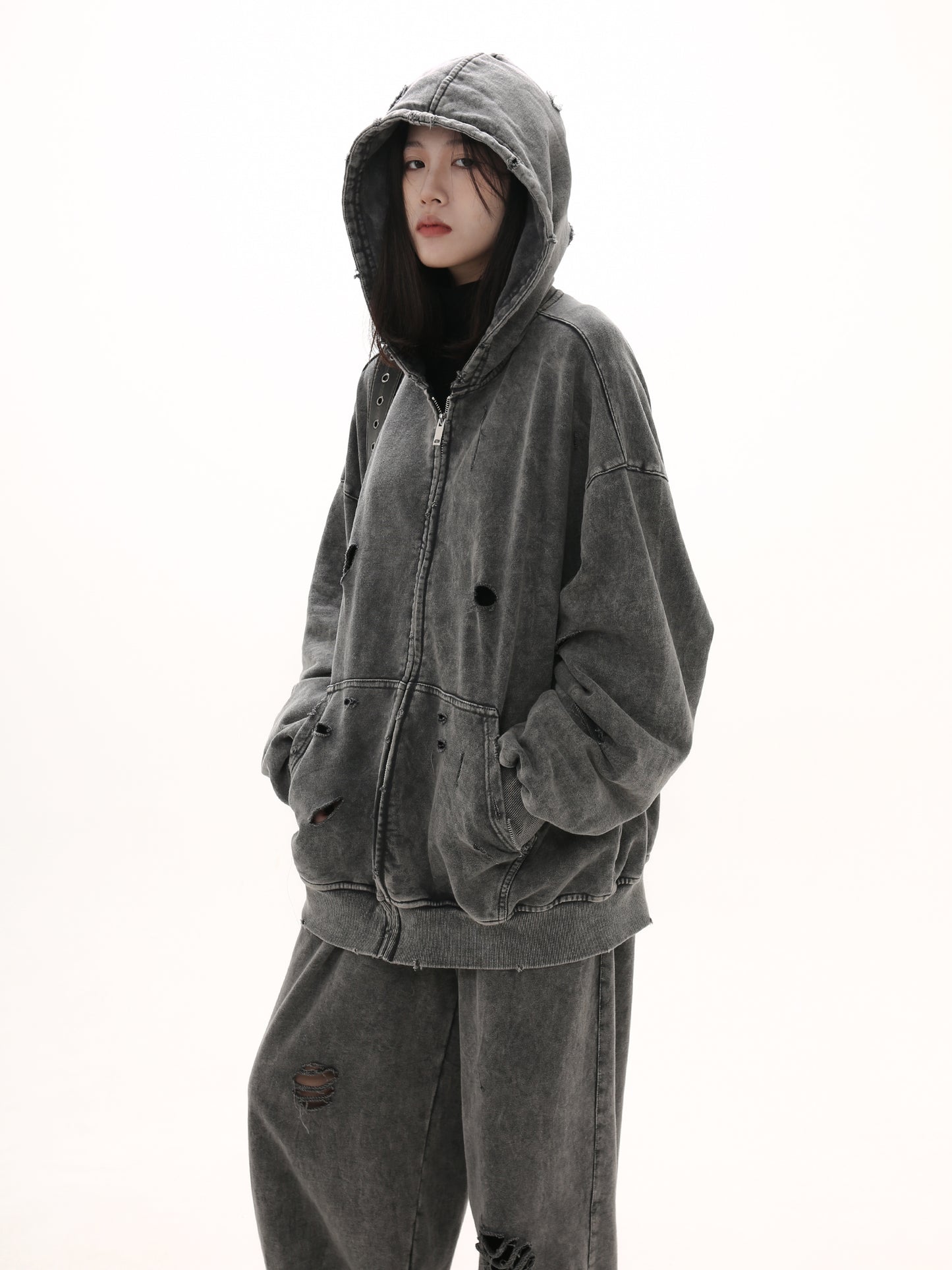 【25s Mar.】Destroyed Washed Distressed Hooded Cardigan Baggy Pants Suit