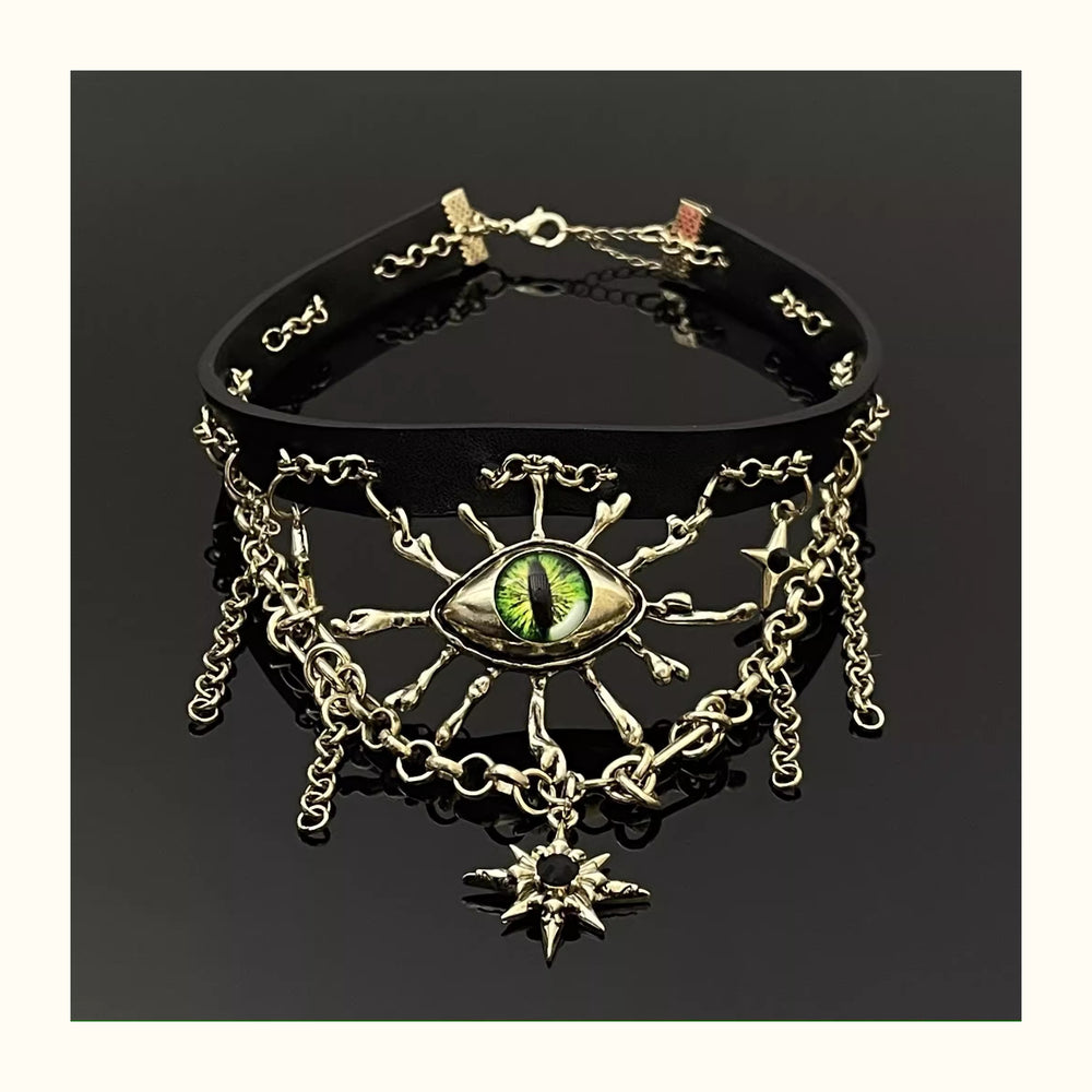 Vintage Green Evil Eye Black Leather Necklace ArtsKoreanMan
