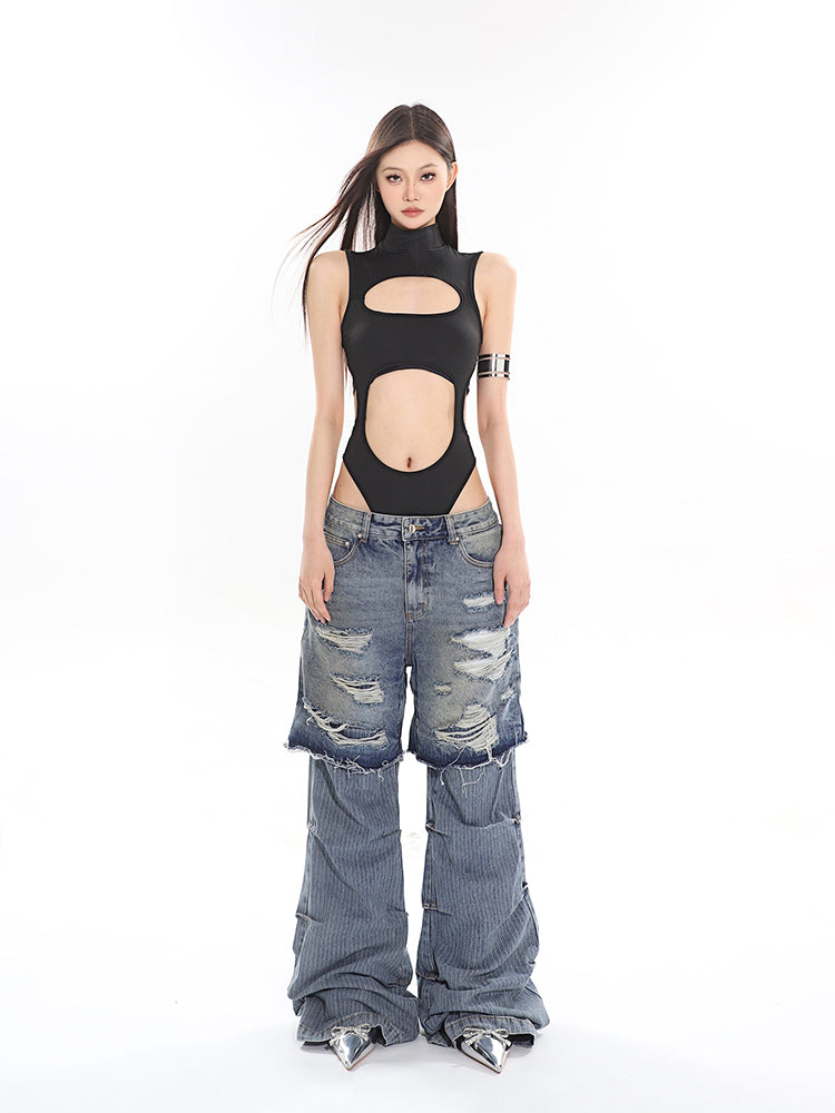 【24s April.】Pleated Patchwork Fake Two-piece Ripped Jeans-W