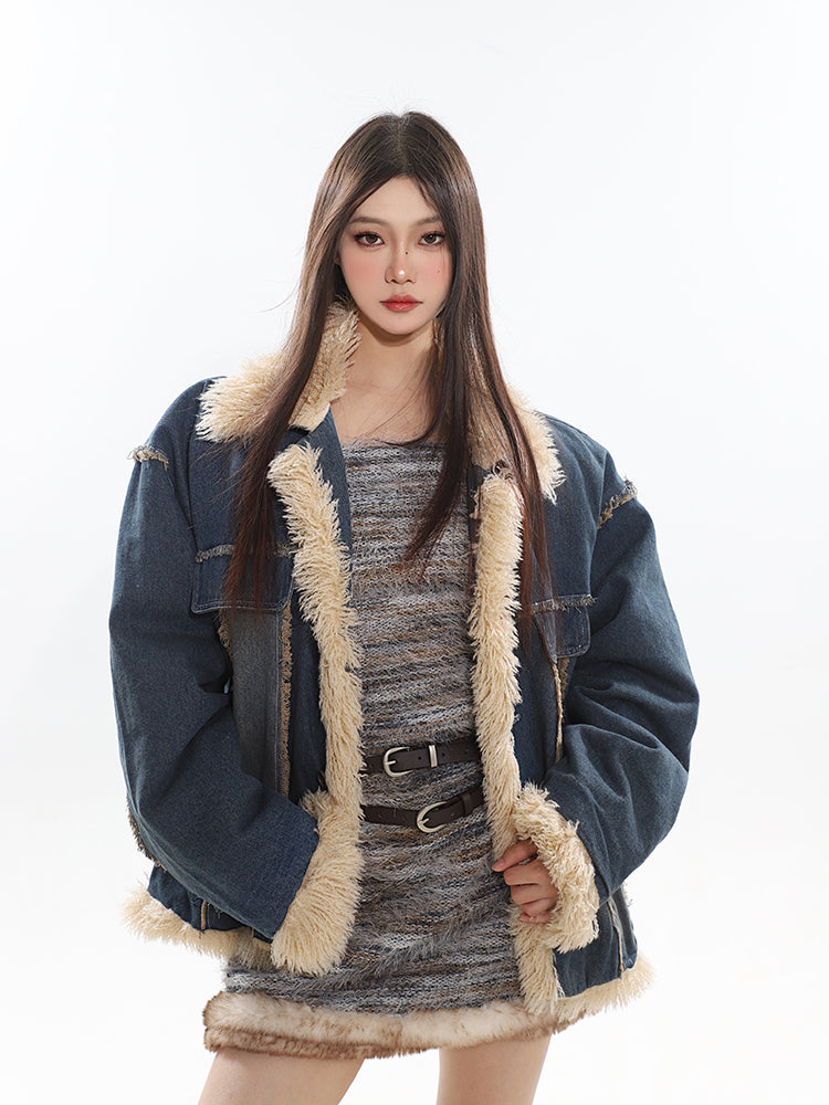 【23s November.】Contrast Color Denim Retro Jacket with Fur Collar