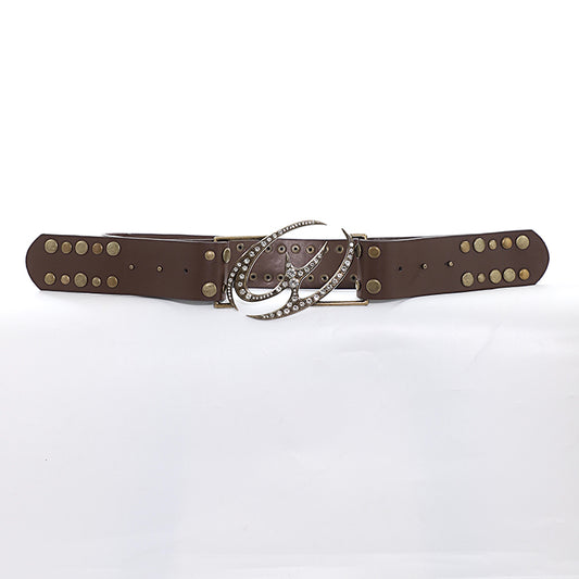 Diamond-encrusted Vintage Leather Belt with Rivets