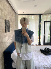 【25s May.】Gradient Shiny Sleeveless Denim Jacket Vest / Jeans