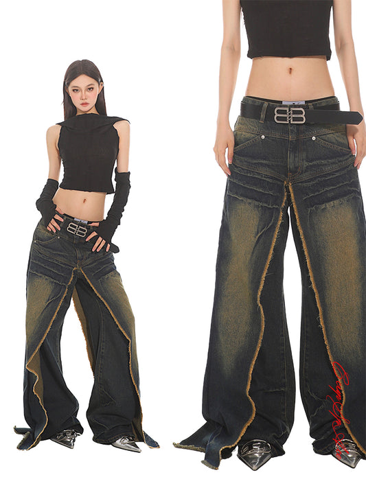 【24s June.】Deconstructed Faux Two-piece Wide-leg Jeans