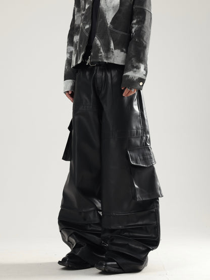 【23s December.】Loose Glossy Leather Pants with Large Pockets