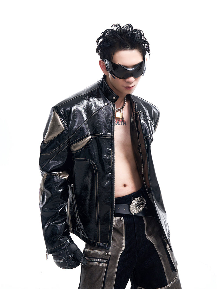 【24s Oct.】Shiny A/W Patchwork Short Leather Jacket