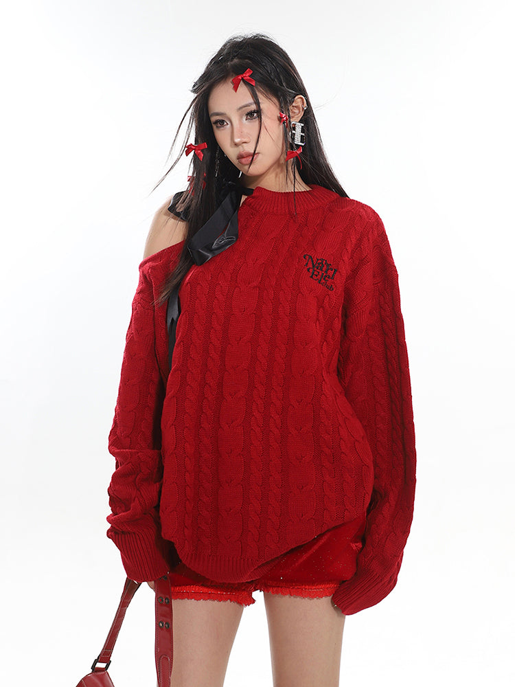 【23s December.】Christmas Off-shoulder Strappy Twist Sweater