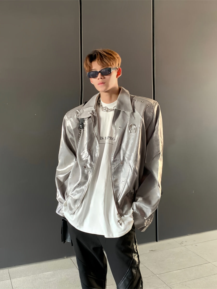 【24s Nov.】Liquid-feel Stand-up Collar Loose-fitting Padded Shoulder Jacket ArtsKoreanMan