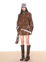 【24s Oct.】Niche Retro Bow Lapel Leather Jacket + Leather Skirt ArtsKoreanMan