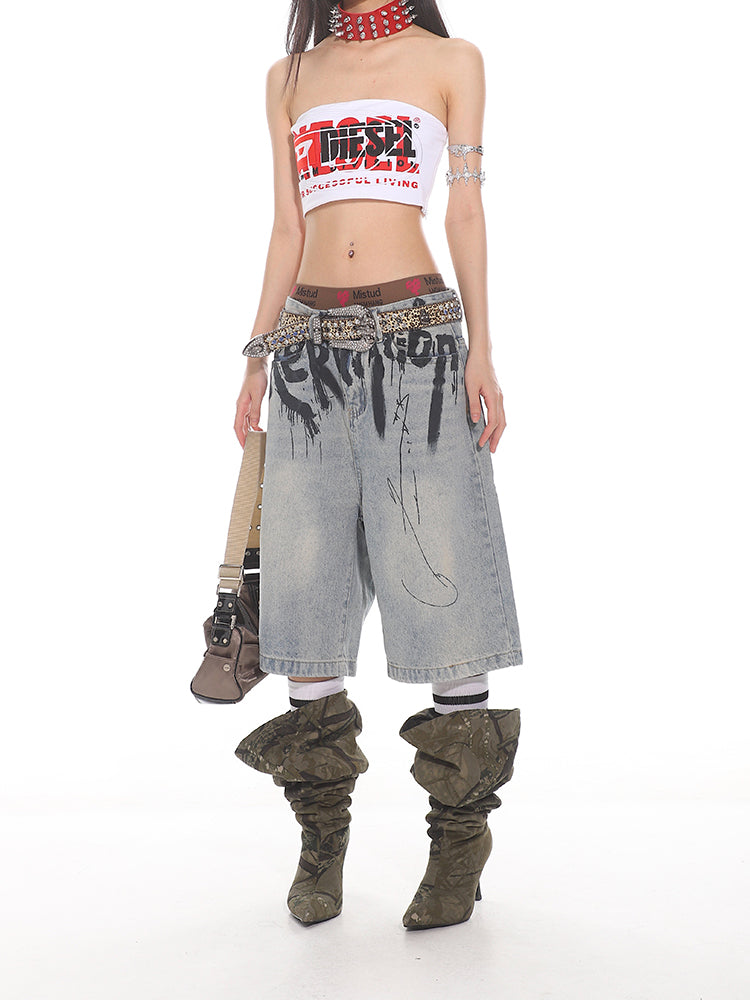 【24s Aug.】Niche High-end Graffiti Letter Denim Shorts ArtsKoreanMan