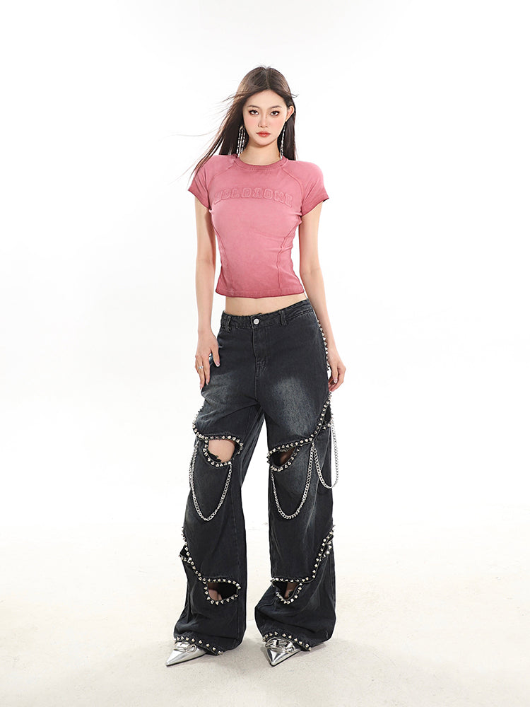 【24s February.】Metal Rivet Chain Cutout Jeans