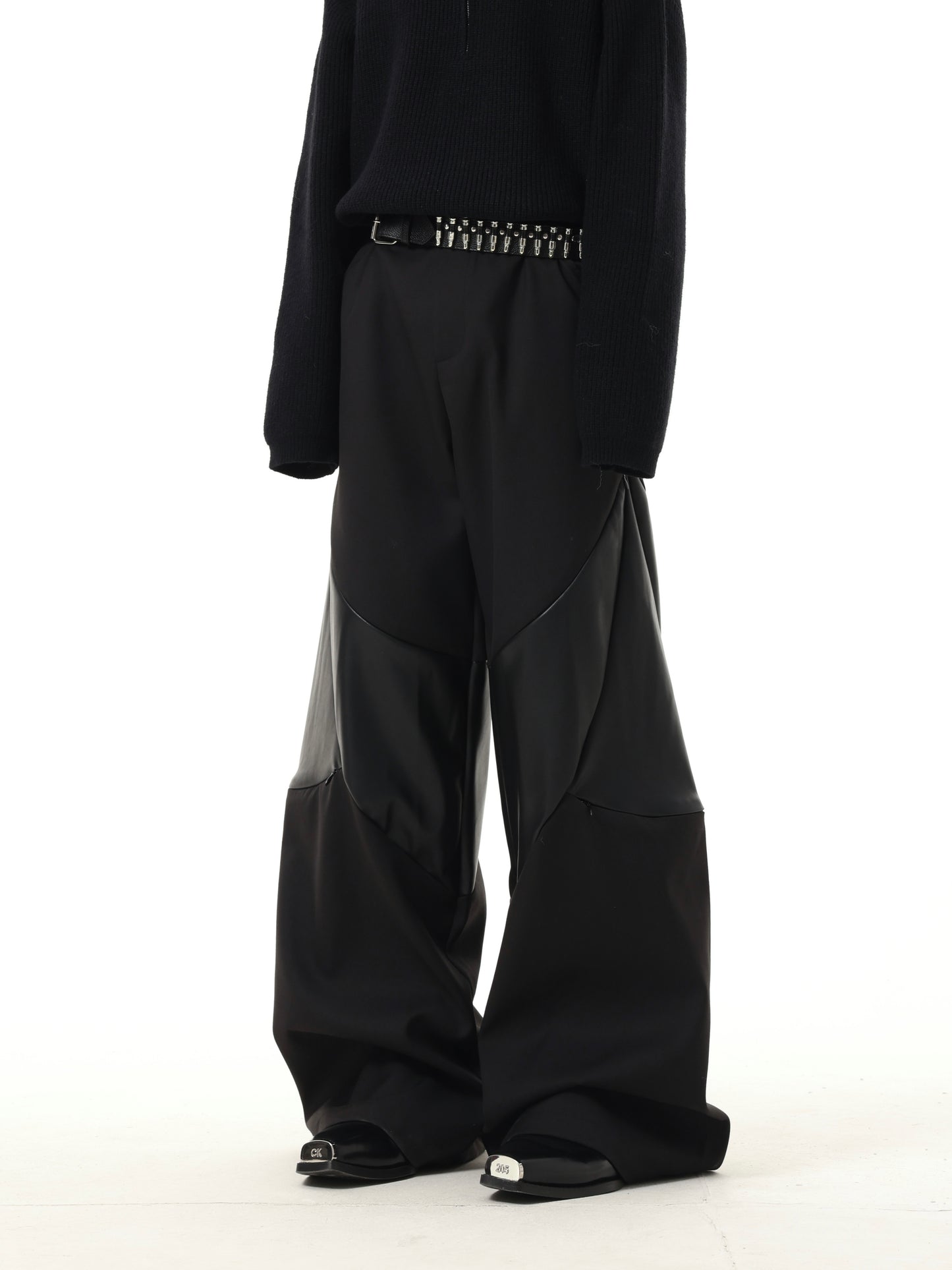 【24s January.】Mesh Leather Paneled Wide-leg Trousers