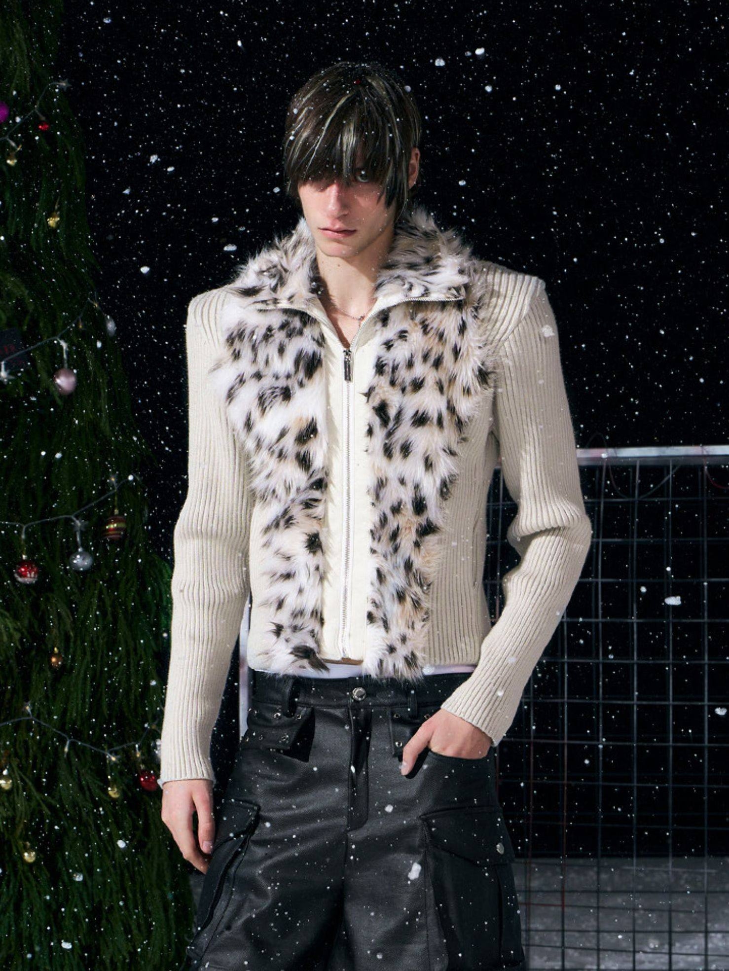 【26s Jan.】Fur-trimmed Quilted Stand-collar Knit Sweater