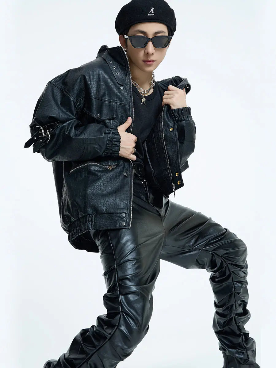 【23s September.】Loose Casual Retro PU Leather Jacket+ Leather Pants ArtsKoreanMan