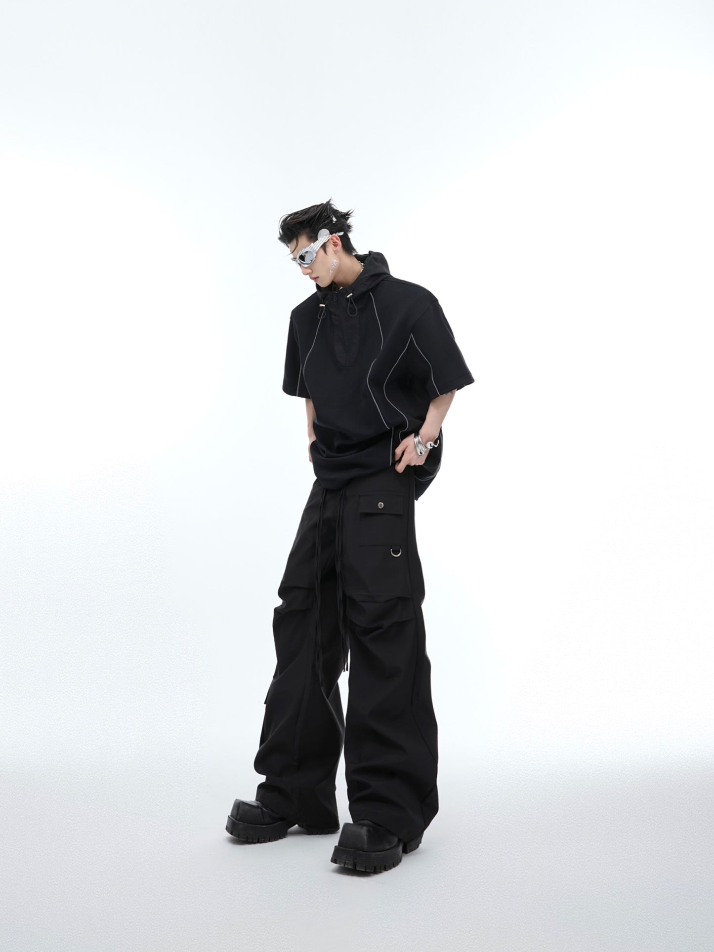 【24s June.】Deconstructed Patchwork Hooded T-shirt + Cargo Pants Suit