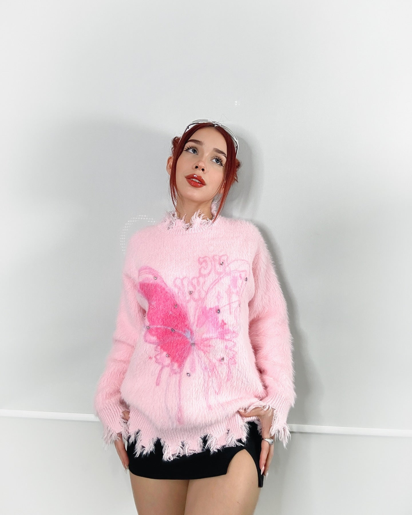 【23s December.】Butterfly Rhinestone Distressed Loose Sweater