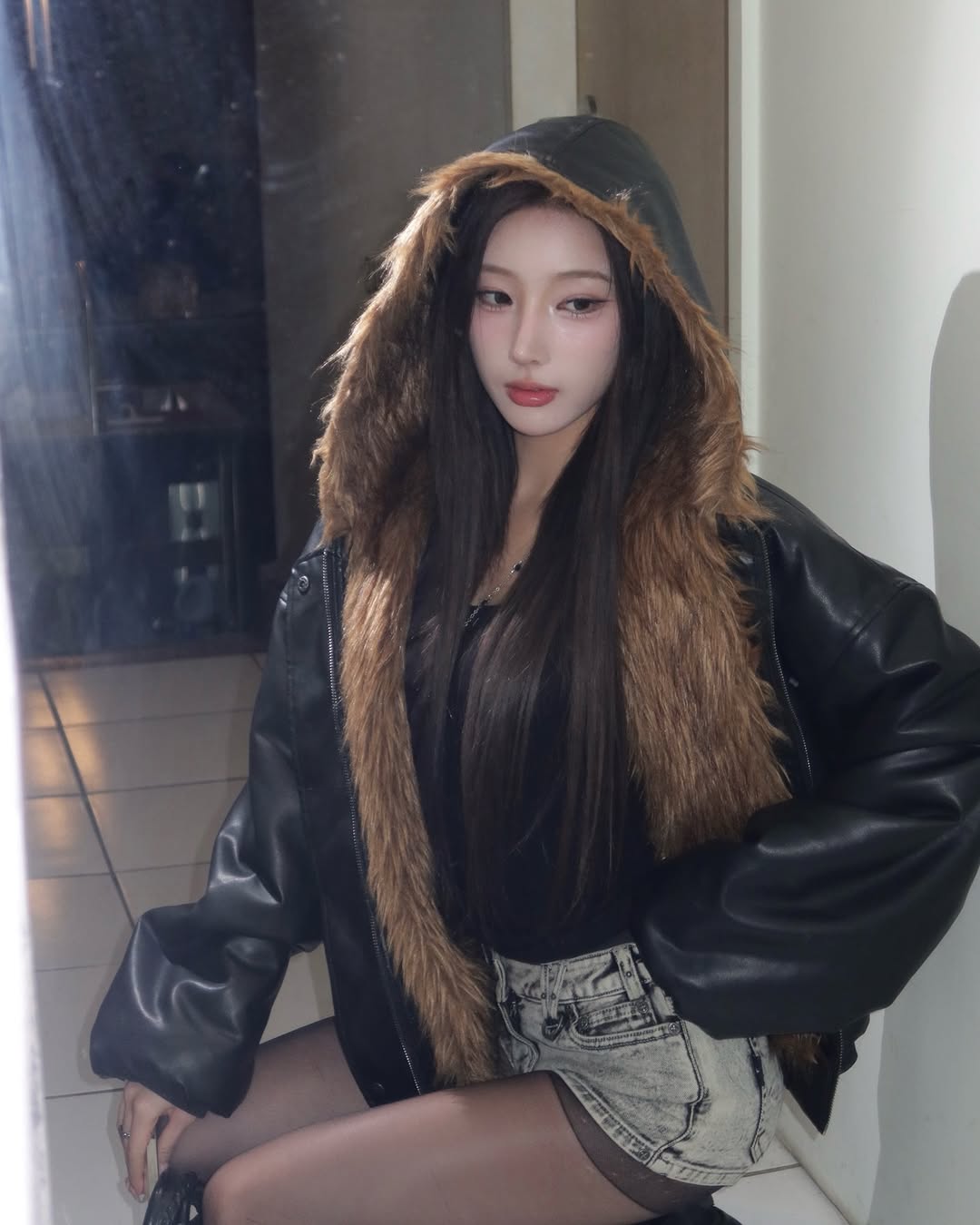 Reversible Fur Hooded Thick Leather Jacket