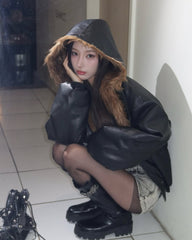 Reversible Fur Hooded Thick Leather Jacket