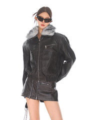 【24s Oct.】Vintage Detachable Fur Collar Short Motorcycle Jacket ArtsKoreanMan