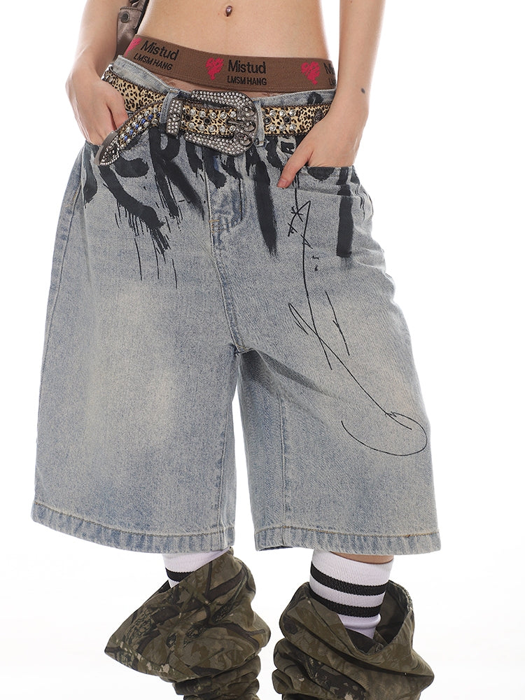 【24s Aug.】Niche High-end Graffiti Letter Denim Shorts