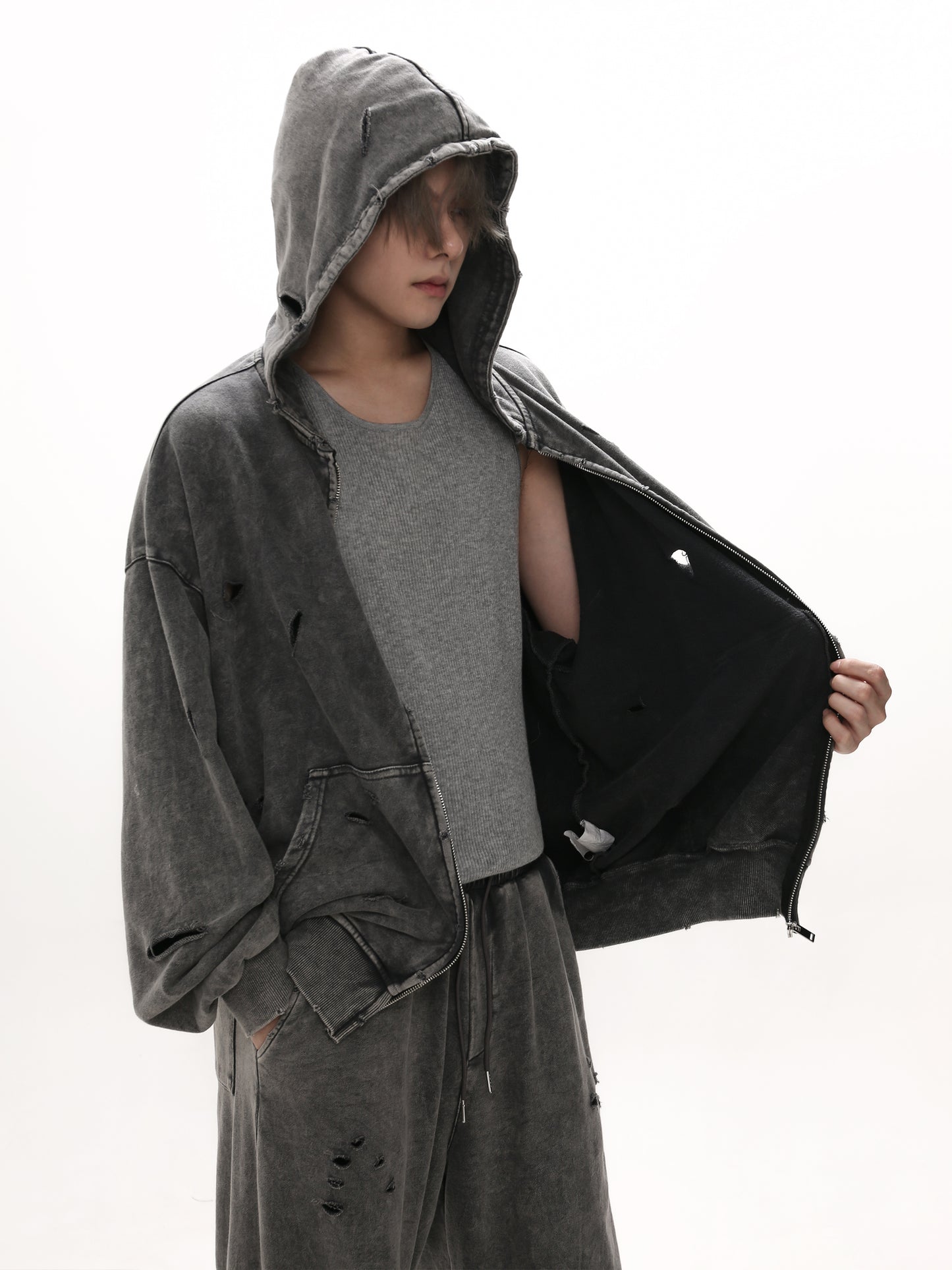 【25s Mar.】Destroyed Washed Distressed Hooded Cardigan Baggy Pants Suit