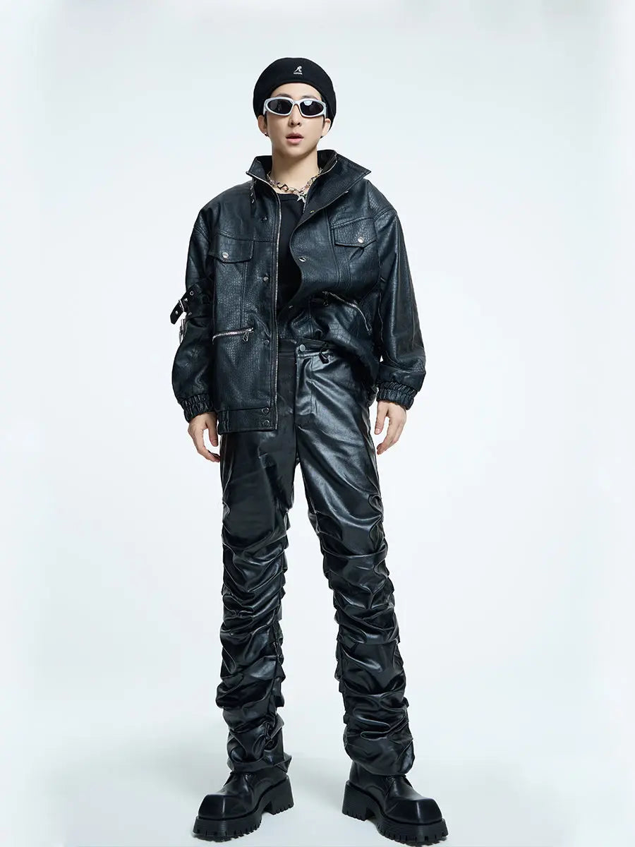 【23s September.】Loose Casual Retro PU Leather Jacket+ Leather Pants ArtsKoreanMan