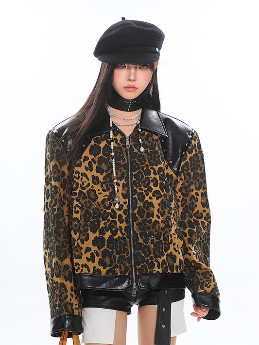 【24s Nov.】Leopard Print Motorcycle Jacket with Leather Lapel ArtsKoreanMan